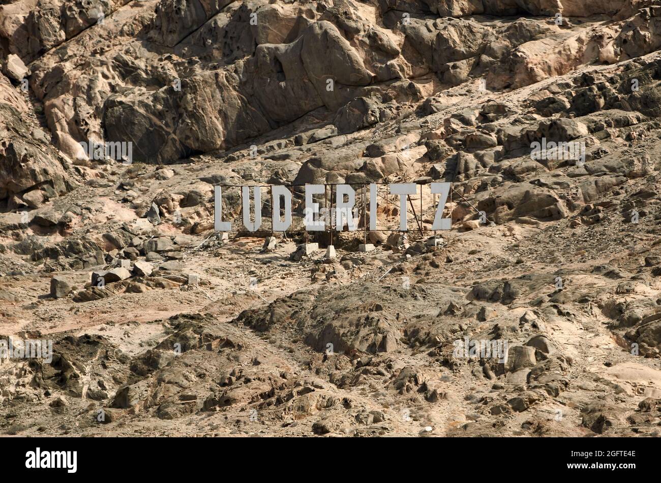Luderitz town sign in the cliffs of Namibia. Stock Photo