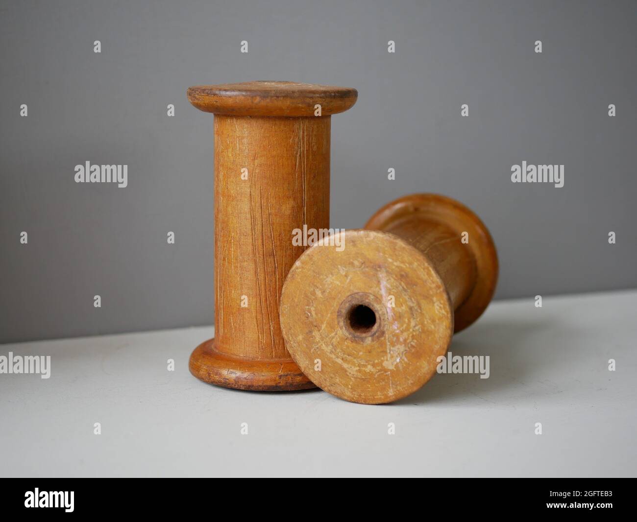 Vintage Wooden Cotton Reels, Bobbins Stock Photo