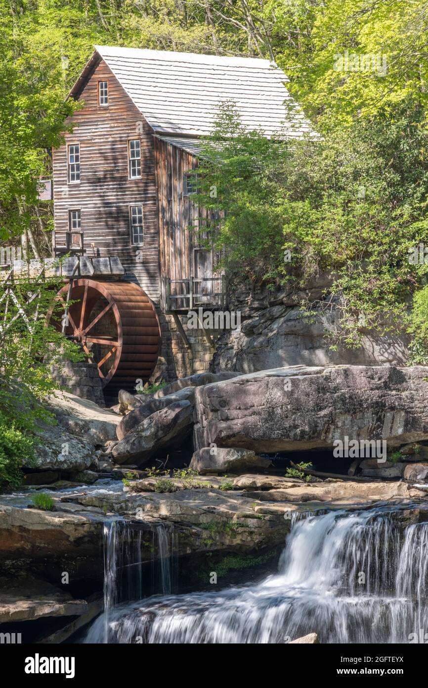 Glade Creek Grist Mill, Babcock State Park, West Virginia, Early Summer.  Reassembled in 1976 from parts of old grist mills from around the state. Stock Photo
