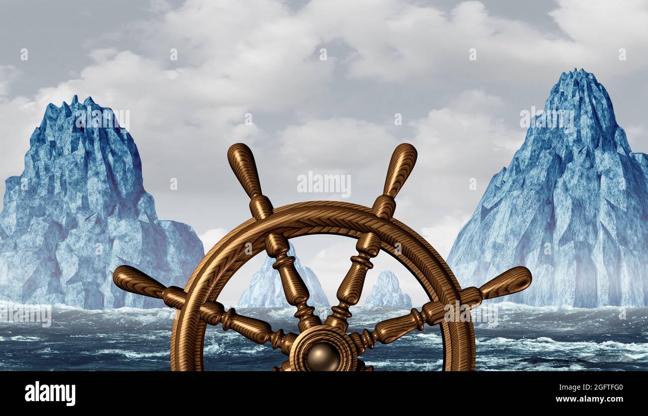 Metaphor for leadership and leading a ship through challenging and dangerous obstacles while in control steering a boat around icebergs. Stock Photo