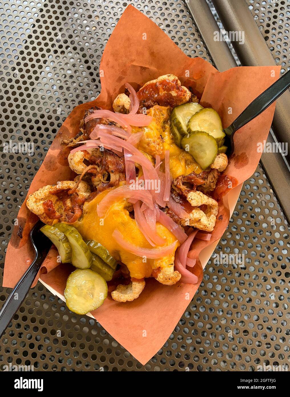 White Sulphur Springs, West Virginia.  Road Hog's Barbeque Pork Rind Nachos, Pulled Pork, Onions, Pickles, Sauce, and Cheddar. Stock Photo