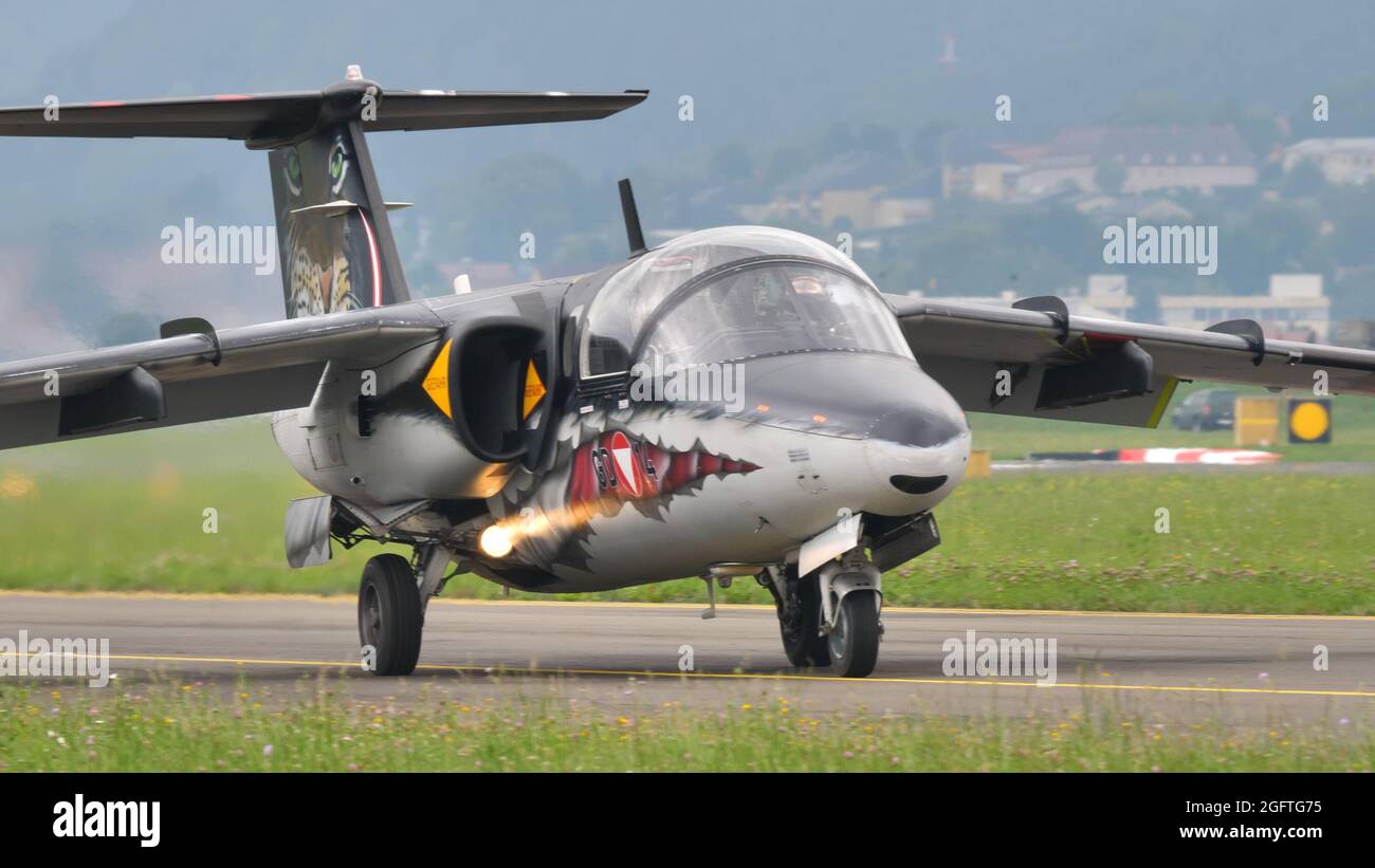 Zeltweg, Austria SEPTEMBER, 6, 2019 Close up frontal view of a twin seats training military airplane. SAAB 105 of Austrian Air Force Stock Photo
