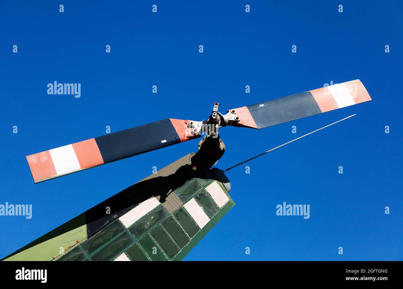 the rear propeller of a helicopter the one that sits at the fin Stock Photo