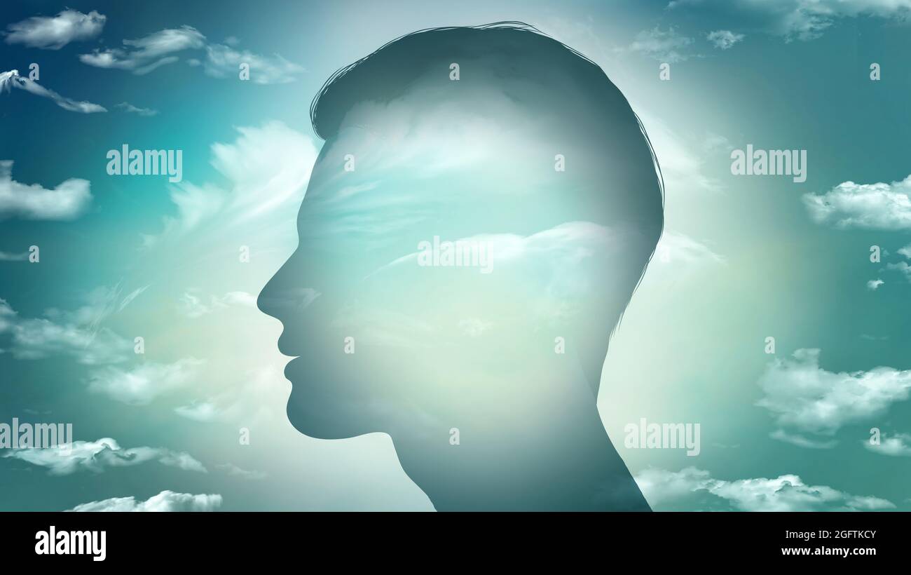 Concept of thinking-psychology - imagination.Mental disorder metaphor - mental health-bipolar disease.Man head profile silhouette with sky and clouds Stock Photo