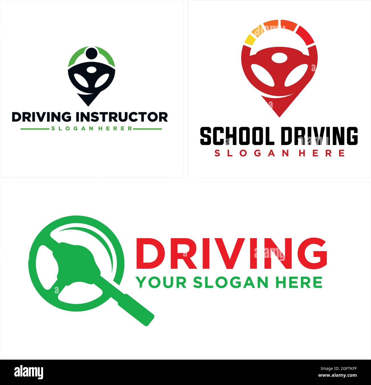 Driving school training with wheel steer and pin map combination icon vector logo Stock Vector