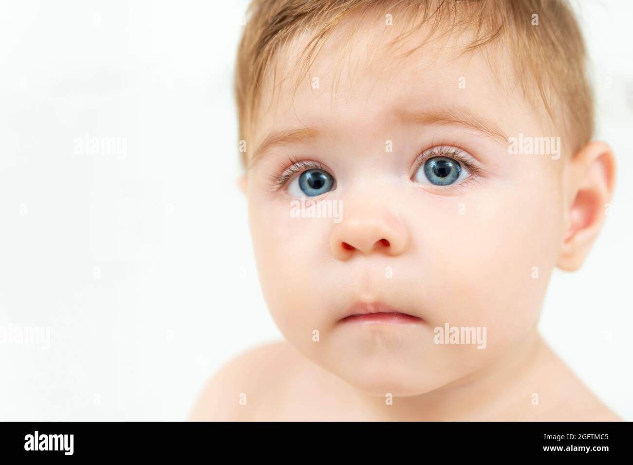 Close Up Portrait Of Cute Baby Boy With Beautiful Blue Eyes And Long Eyelashes Over White Background Pretty Boy Copy Space Stock Photo Alamy
