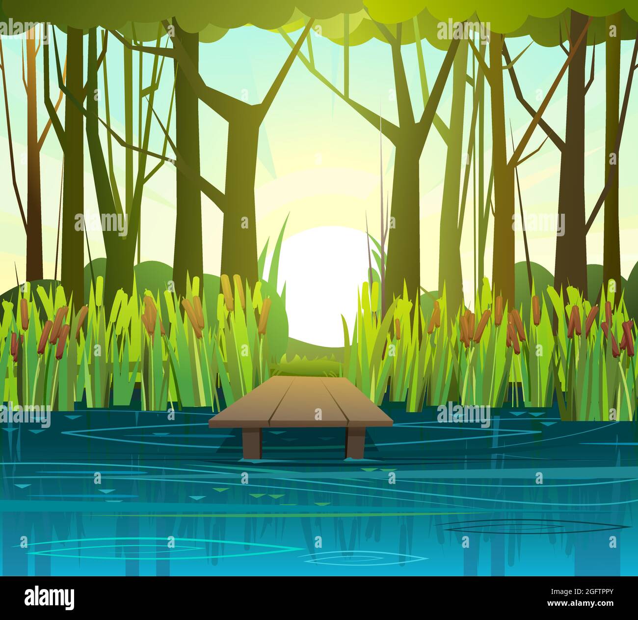 Summer forest landscape with a pond. Bank of a river or lake. Morning sunrise. Trees and thickets. Swamp illustration. Flat style. Water waves. Fishin Stock Vector