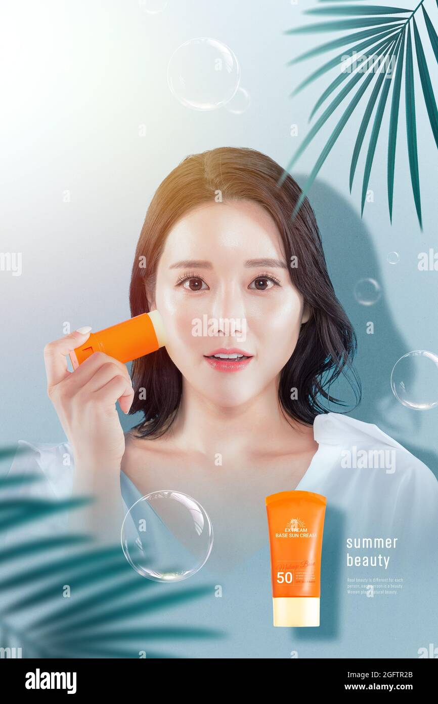 summer beauty, young Asian Korean model with mock up cosmetics ...