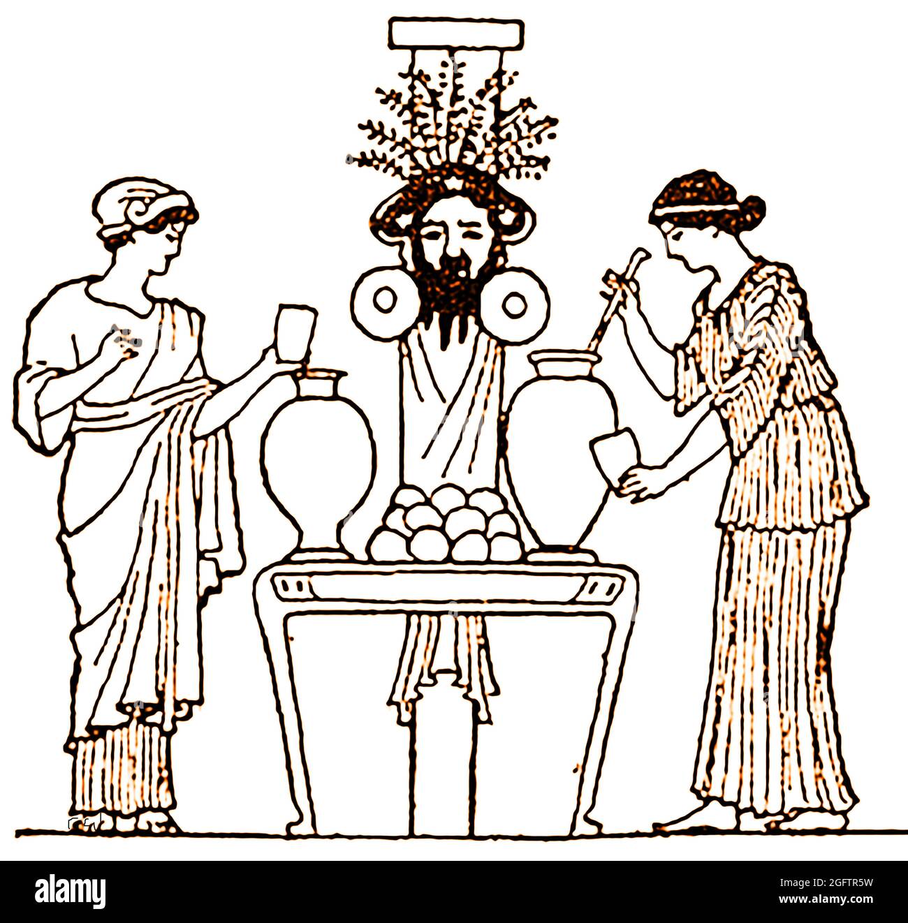 A 1914 illustration taken from an ancient Greek  carving showing an ancient Greek women  at a rural wooden altar dedicated to Dionysus with  urns containing wine and water. He is the god of  the grape-harvest, winemaking and wine, orchards   fruit, vegetation and of insanity, ritual madness, religious ecstasy, festivities and theatre Stock Photo