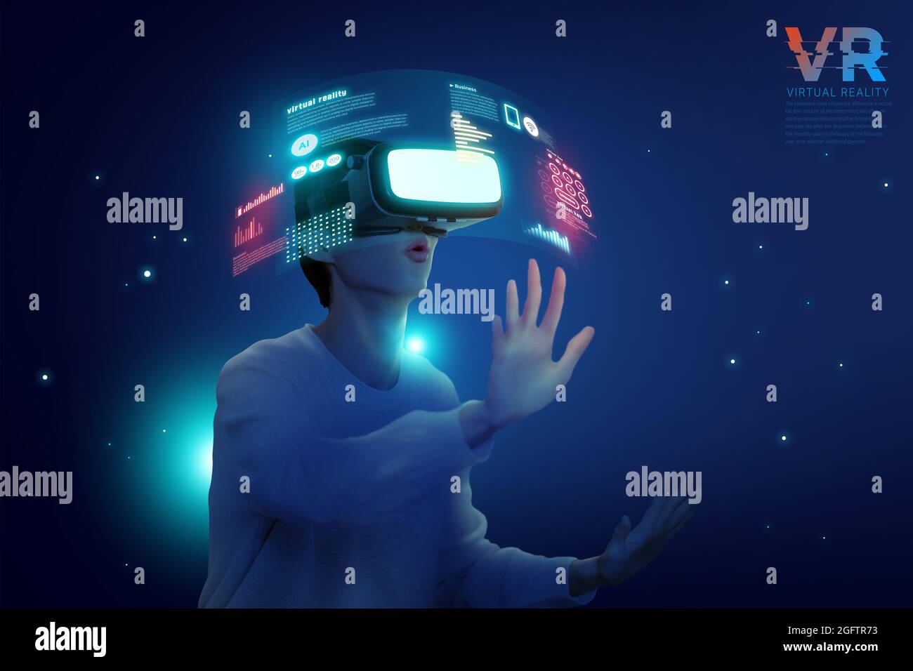 Asian man enjoying VR virtual reality, 3d rendered graphic Stock Photo