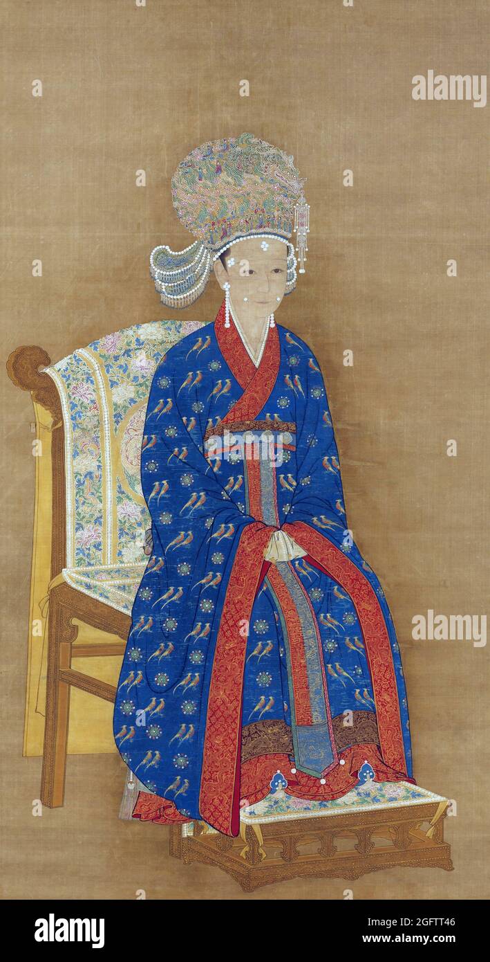 China: Empress Wu (11 September 1115 - 12 December 1197), consort of Emperor Gaozong, 10th ruler of the Song Dynasty and 1st ruler of the Southern Song Dynasty (r.1127-1162). Hanging scroll painting, c. 1130-1197.  Empress Wu, also known as Xianzheng Cilie, was consort to Emperor Gaozong. She became empress after the Jingkang Incident, which saw the Jurchen capture most of the imperial court, including Gaozong's first spouse, Consort Xing. Gaozong had avoided capture and fled south to start the Southern Song Dynasty. Wu followed him on his military campaigns in armour, and even reportedly save Stock Photo