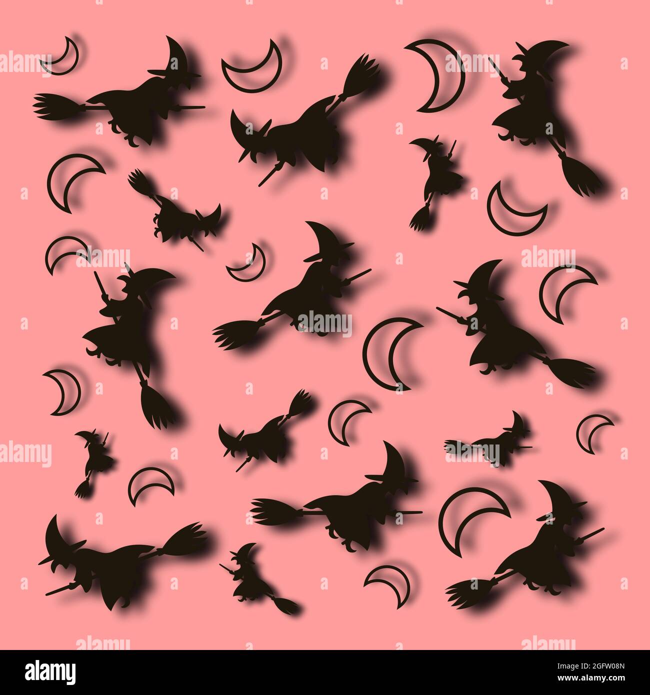 Halloween pattern with moon and flying witches on a pink background ...