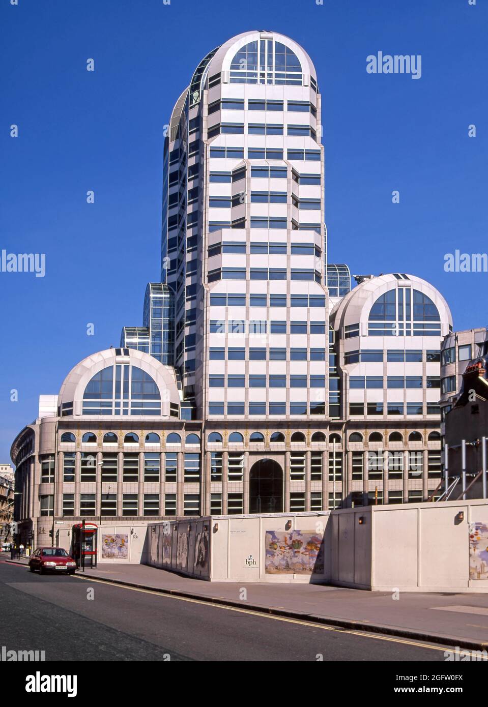 Unusual 1998 archive image of Barclays Bank one time group headquarters head office building on a corner site in Gracechurch Street - this view - and Lombard Street in the square mile financial district of City of London taken during 1990s demolition on nearby redevelopment sit removing old obstructing buildings in this historical archival 90s view and façade on a blue sky sunny day in London England UK Stock Photo