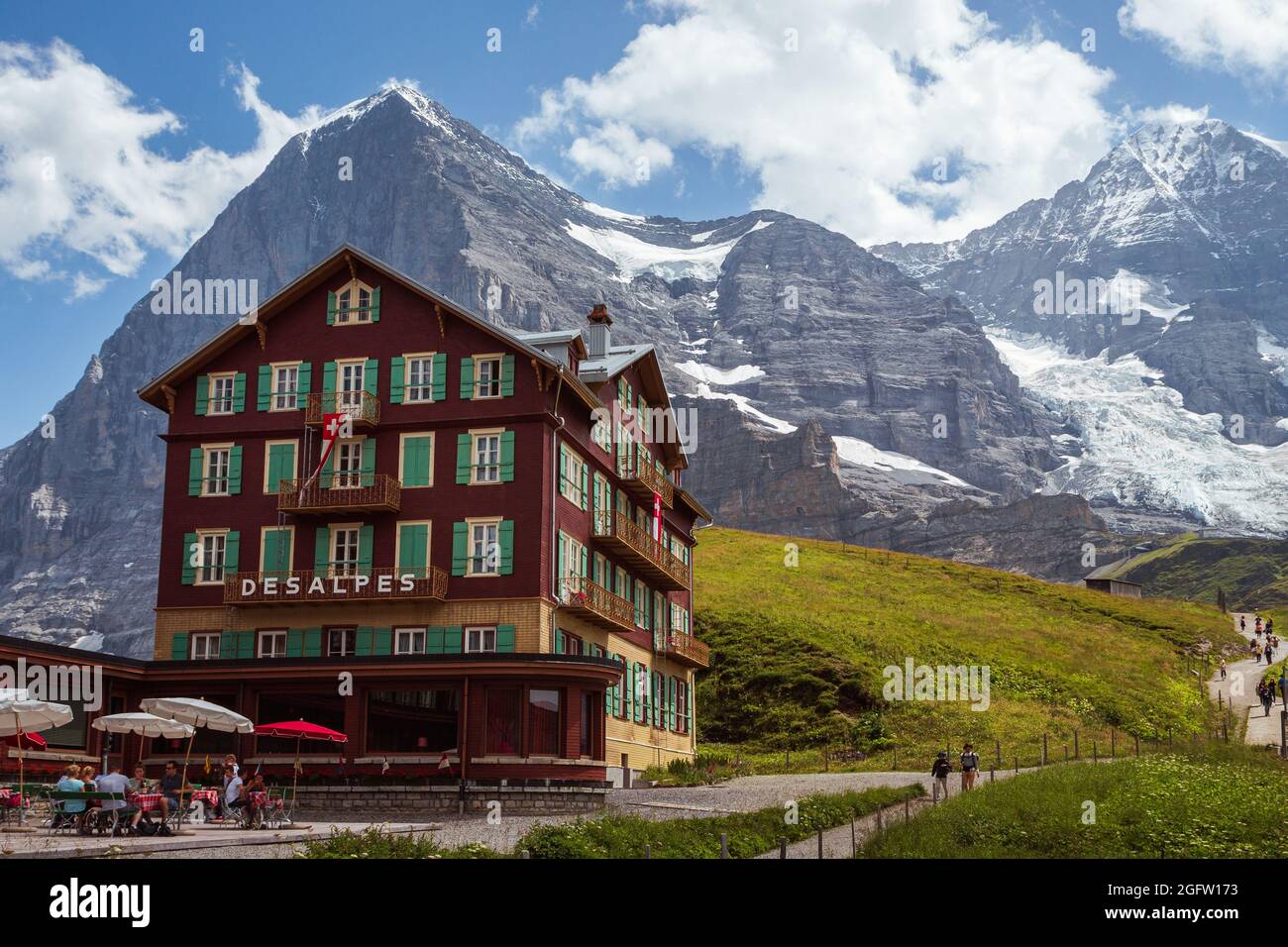 Kleine Scheidegg, Bernese Oberland, Switzerland - August 01 2017 : Hotel  Bellevue des Alpes with famous majestic Eiger north face and mt Mönch in  the Stock Photo - Alamy