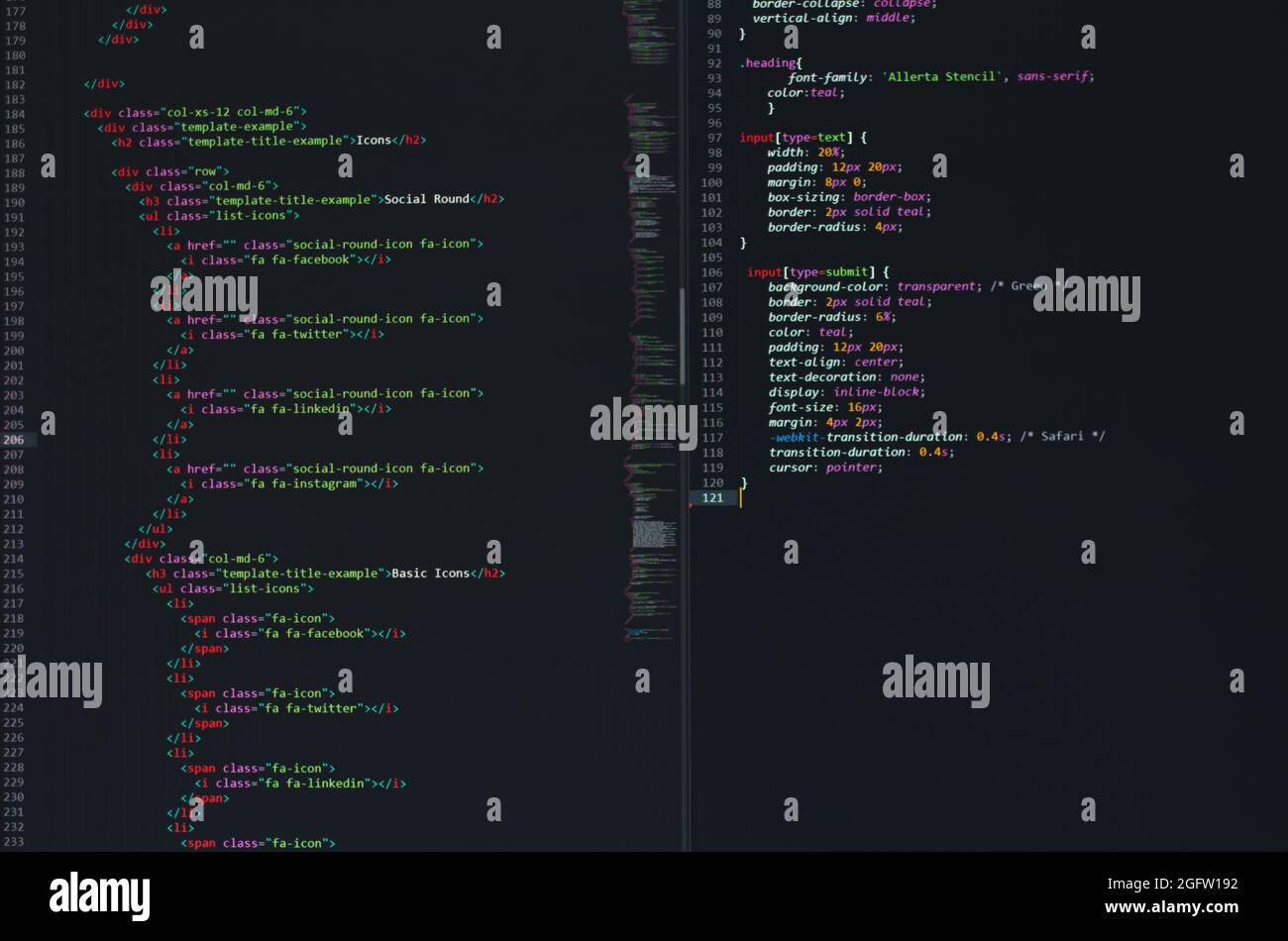 developer python, java script, html, css source code on monitor screen ...