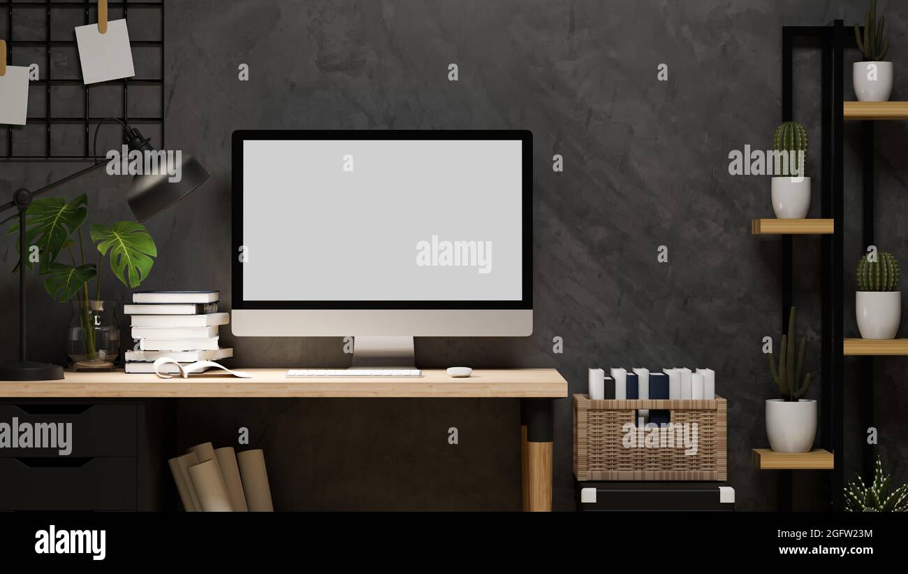 Modern loft industrial home office interior design with computer ...