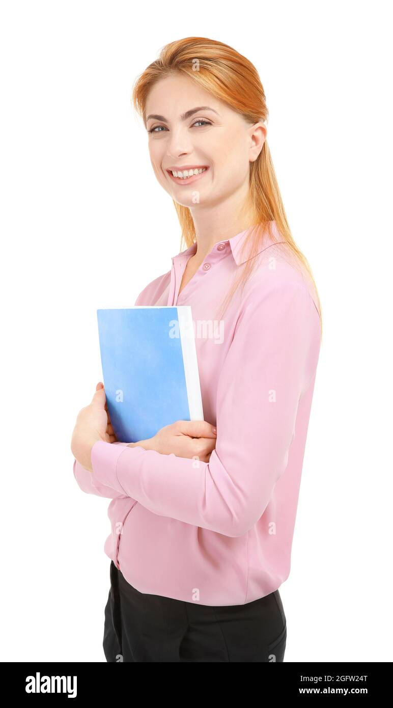 Young teacher on white background Stock Photo - Alamy