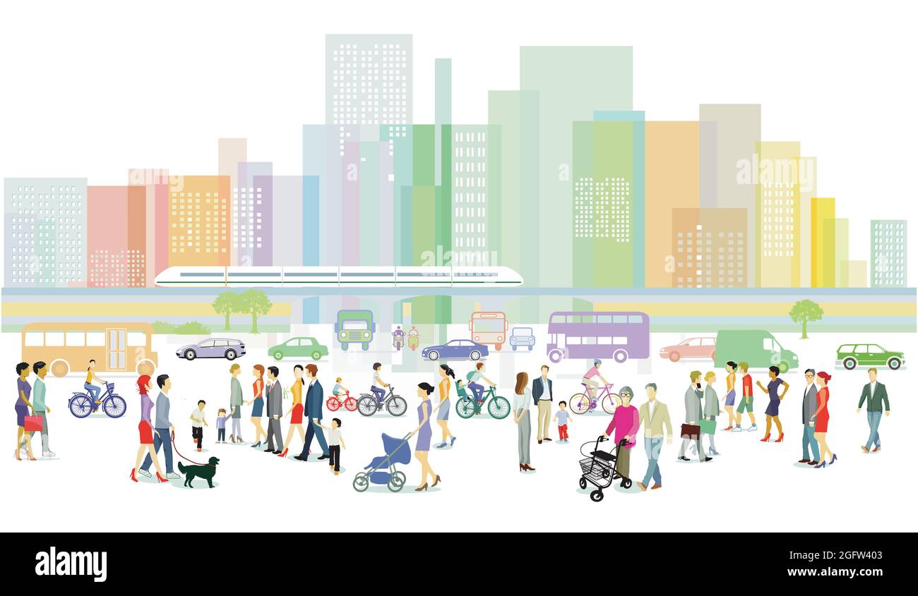 City with groups of people and traffic illustration Stock Vector Image ...