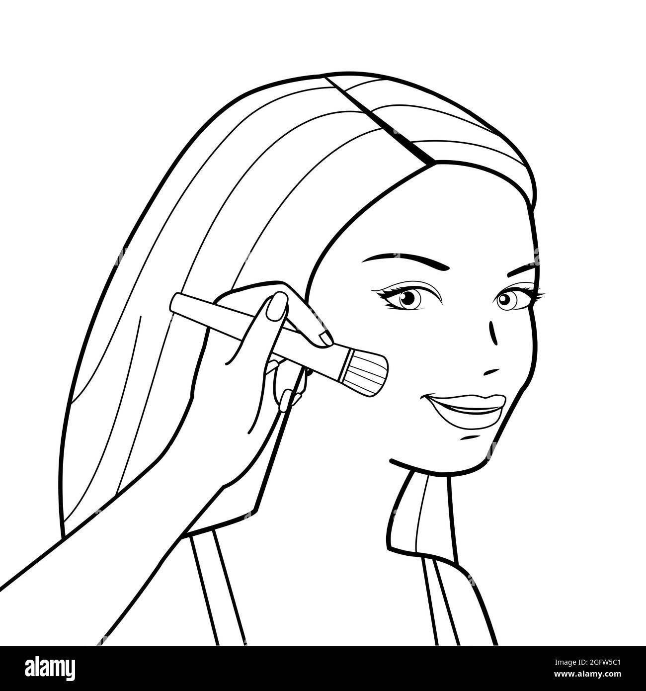 Woman applies blush on her cheeks. Black and white coloring page. Stock Photo