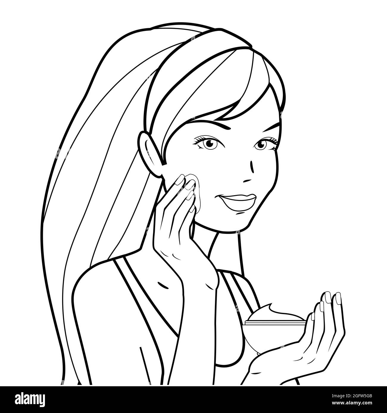 Woman applies moisturizing cream on her face. Black and white coloring page. Stock Photo