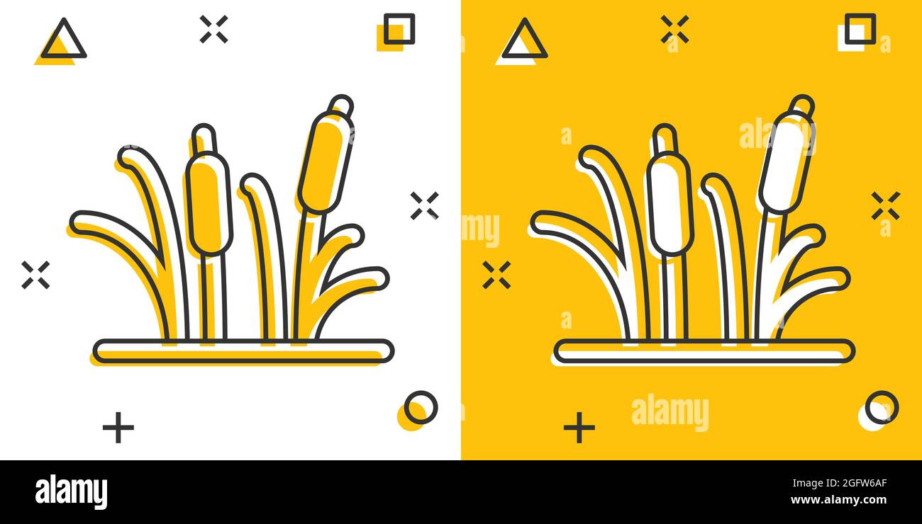 Reeds grass icon in comic style. Bulrush swamp vector cartoon ...