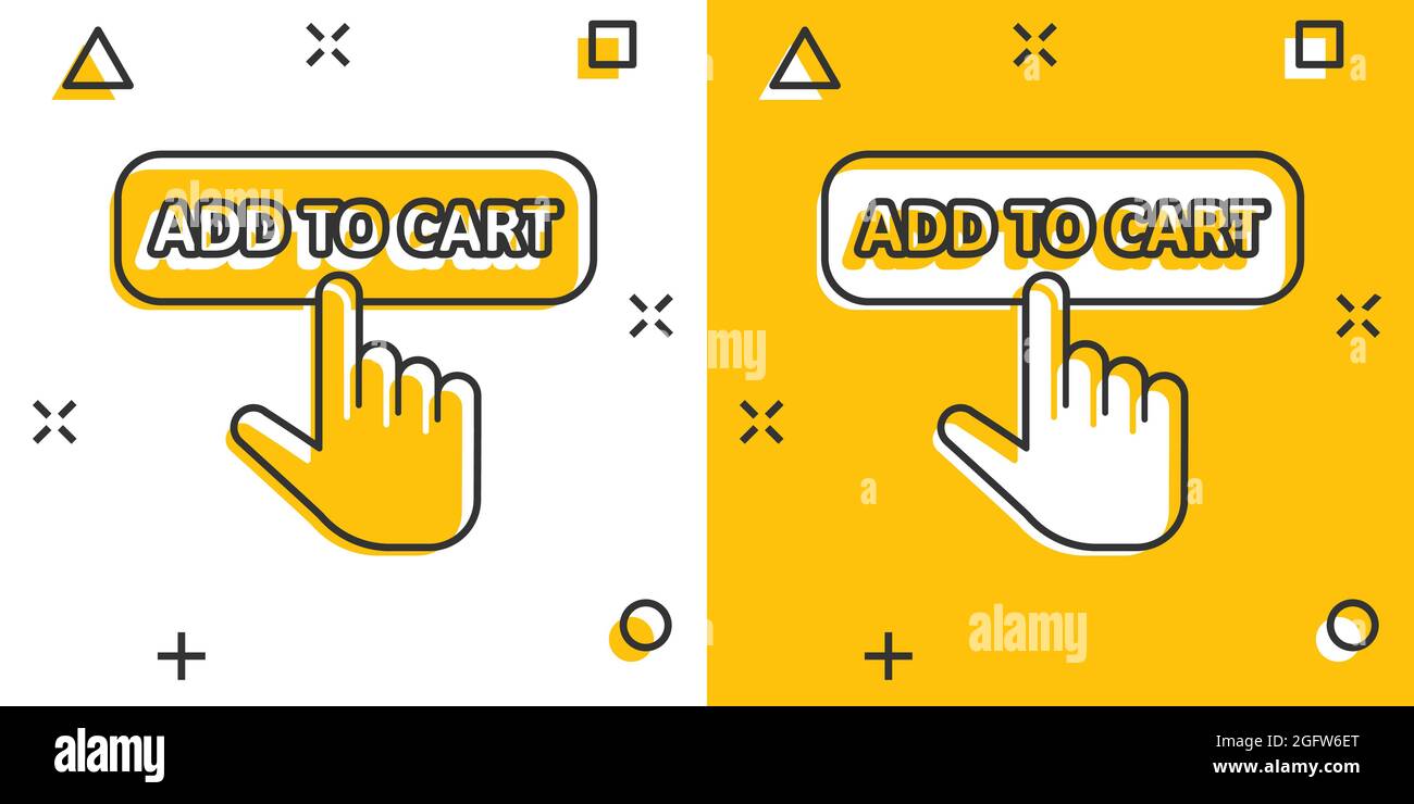 Add to cart shop icon in comic style. Finger cursor vector cartoon ...