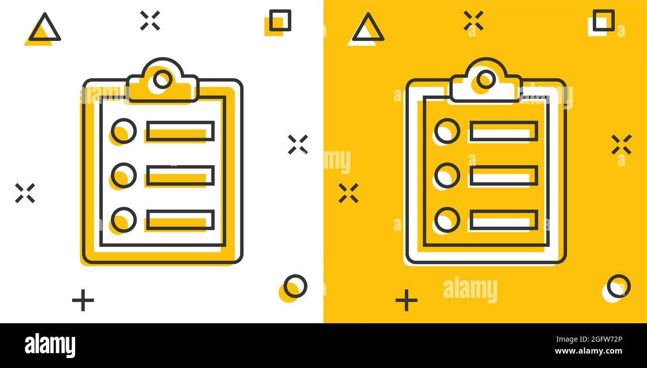 Checklist document sign icon in comic style. Survey vector cartoon ...