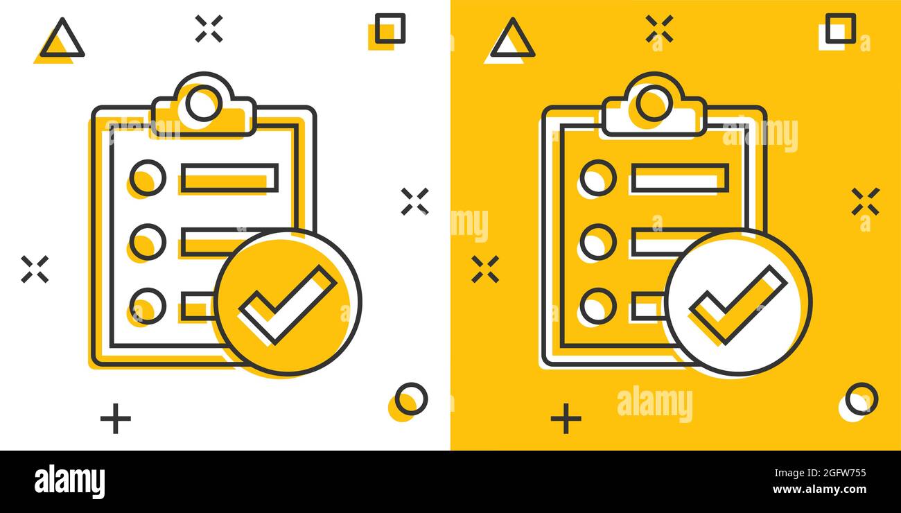 Checklist document sign icon in comic style. Survey vector cartoon ...
