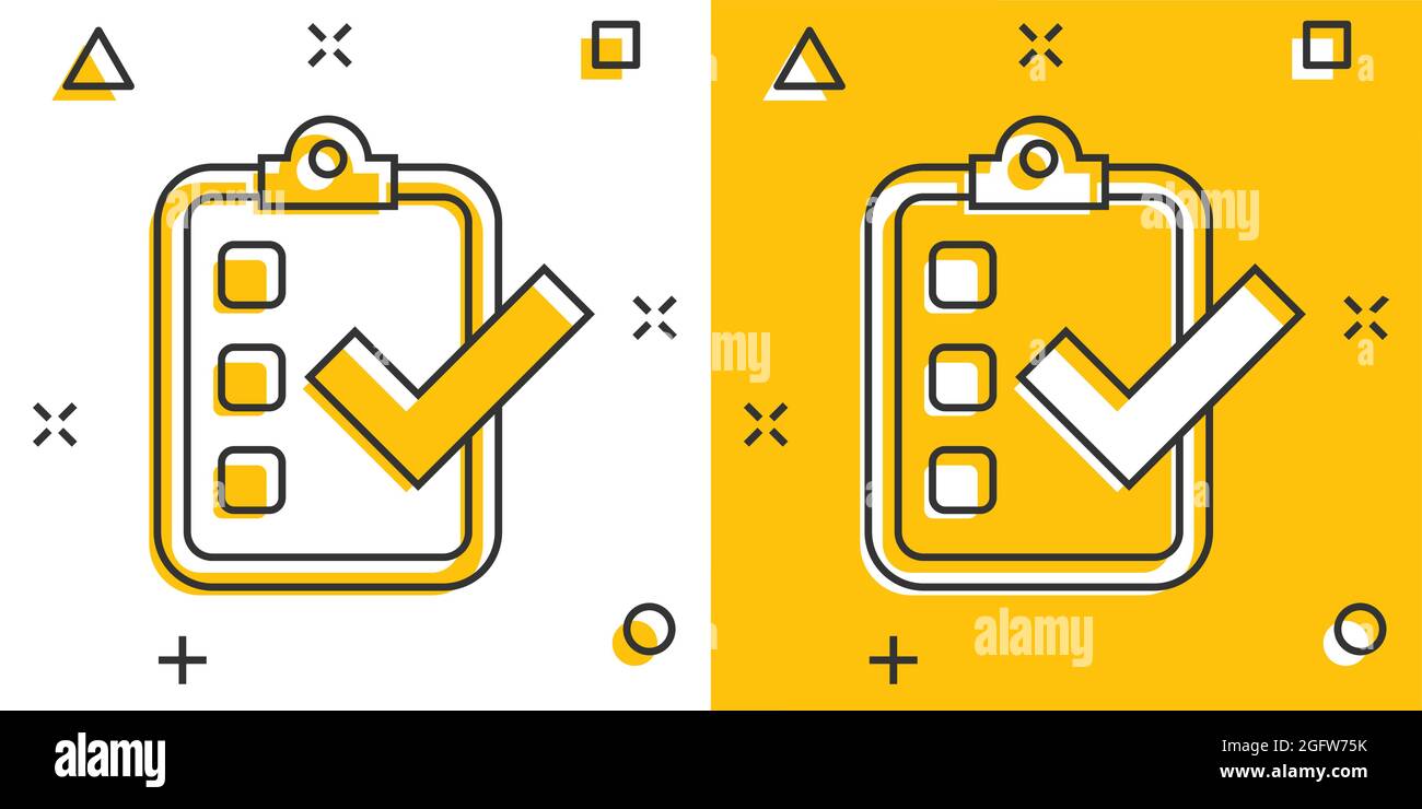 Checklist document sign icon in comic style. Survey vector cartoon ...