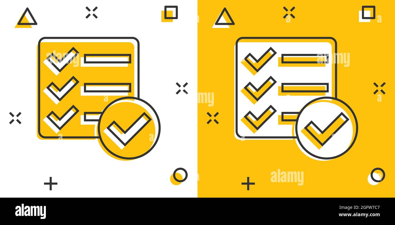 Checklist document sign icon in comic style. Survey vector cartoon ...