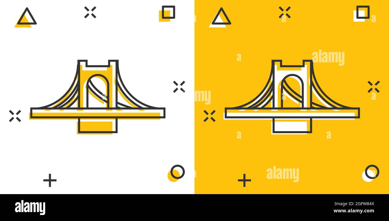 Bridge sign icon in comic style. Drawbridge vector cartoon illustration on white isolated background. Road business concept splash effect. Stock Vector