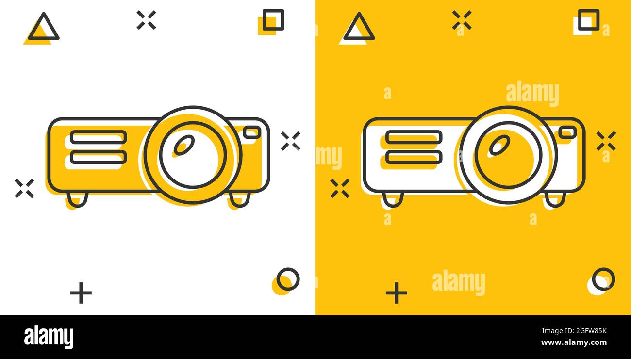 Video projector sign icon in comic style. Cinema presentation device ...