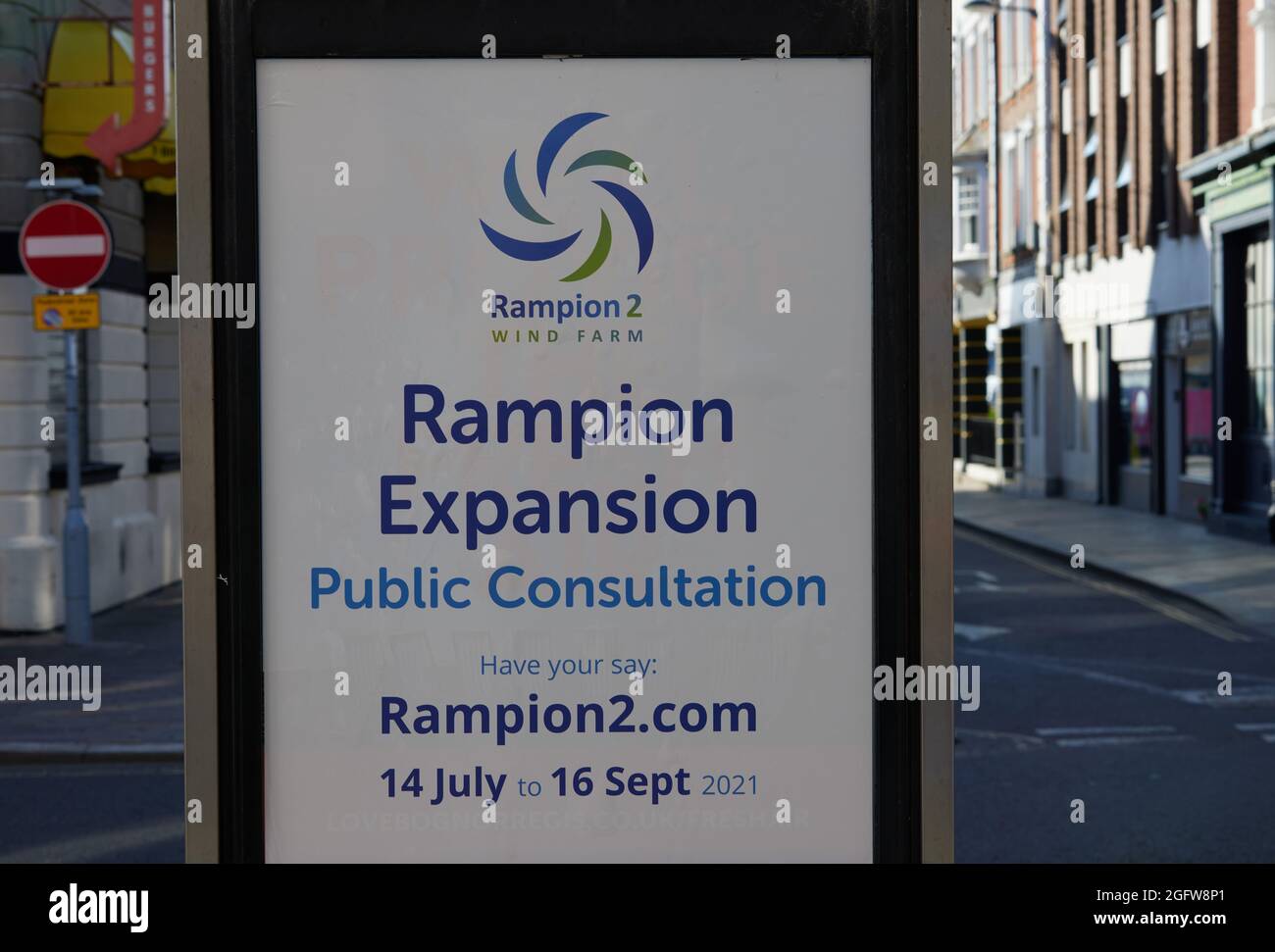 Bognor Regis, UK. 27th August, 2021. Notice board of public consultation of Rampion Expansion or Rampion 2 Wind Farm, seen in the centre of Bognor Regis. Credit: Joe Kuis / Alamy reportage Stock Photo