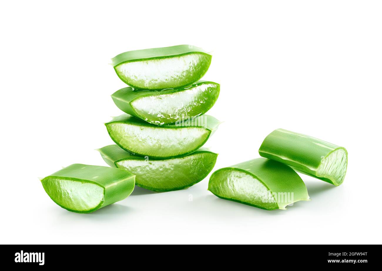 Slices of fresh aloe vera plant stacked over white background - Clipping path included Stock Photo