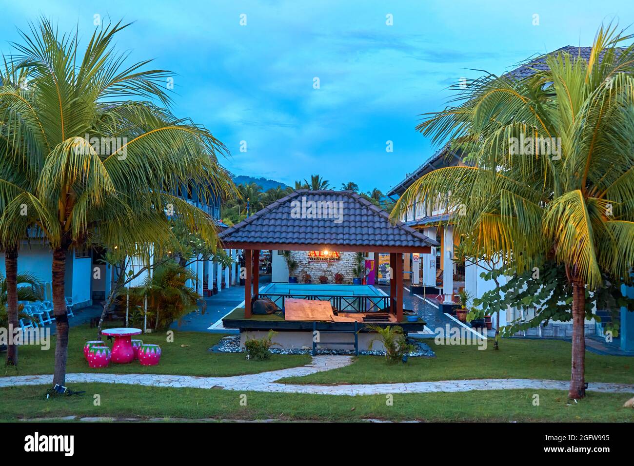 Cozy Gazebo For Relaxing Next To The Pool Facing Palm Trees Tropical Resort Langkawi Malaysia 06 23 2020 Stock Photo Alamy