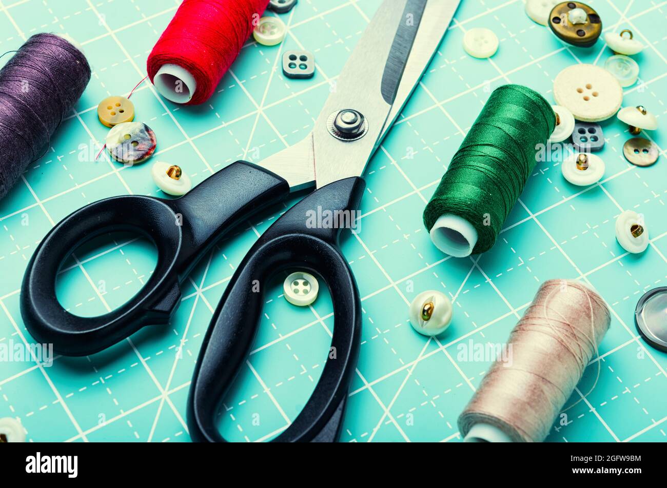 Sewing supplies.Sewing kit, many thread,bobbin and buttons Stock Photo ...