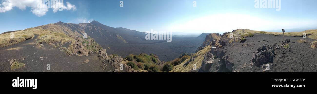 Etna volcano: Panoramic  view at top crater and Valle del Bove at sunrise Stock Photo