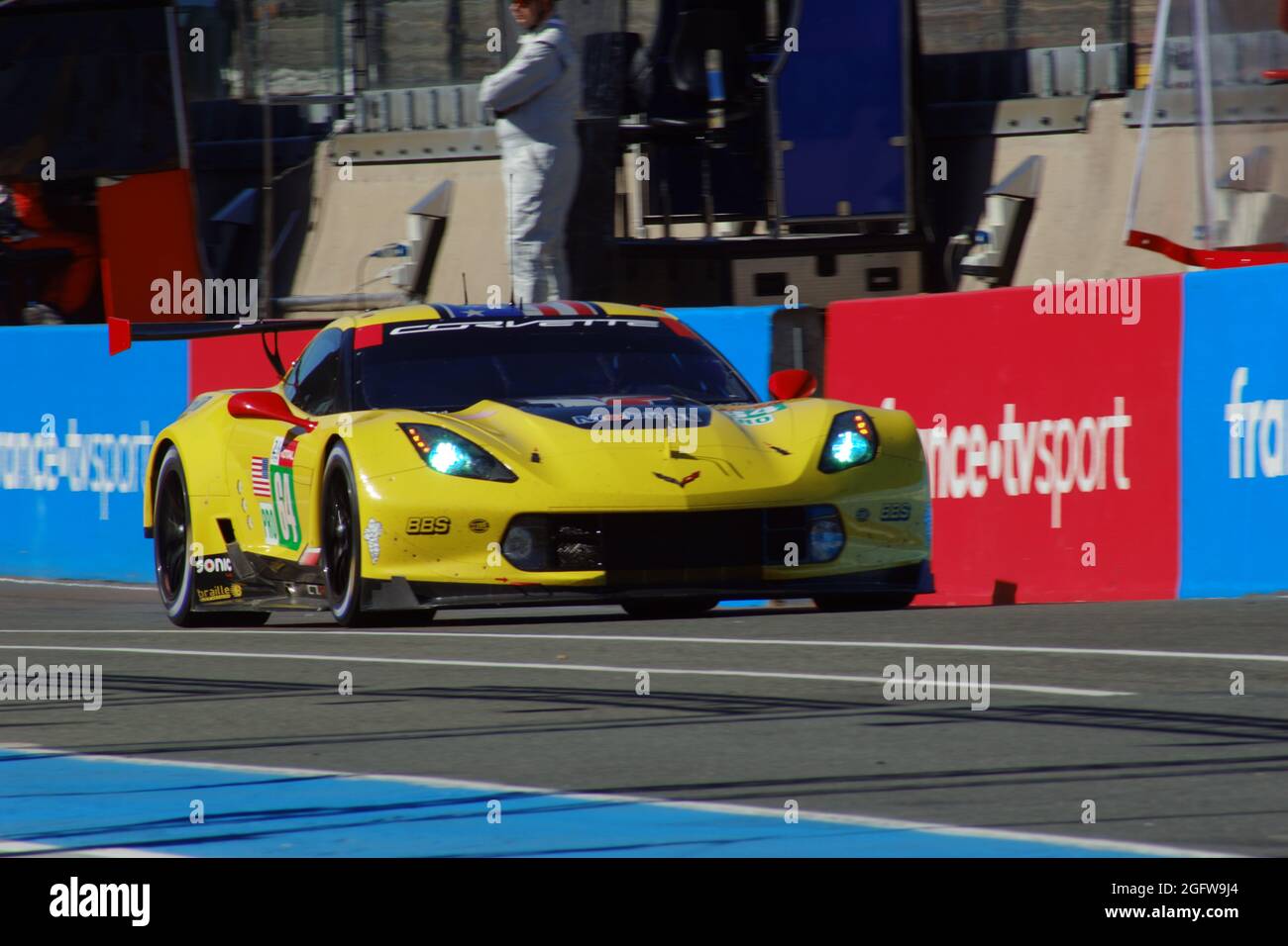 Corvette racing car moving along the pitlane at Le Mans Stock Photo