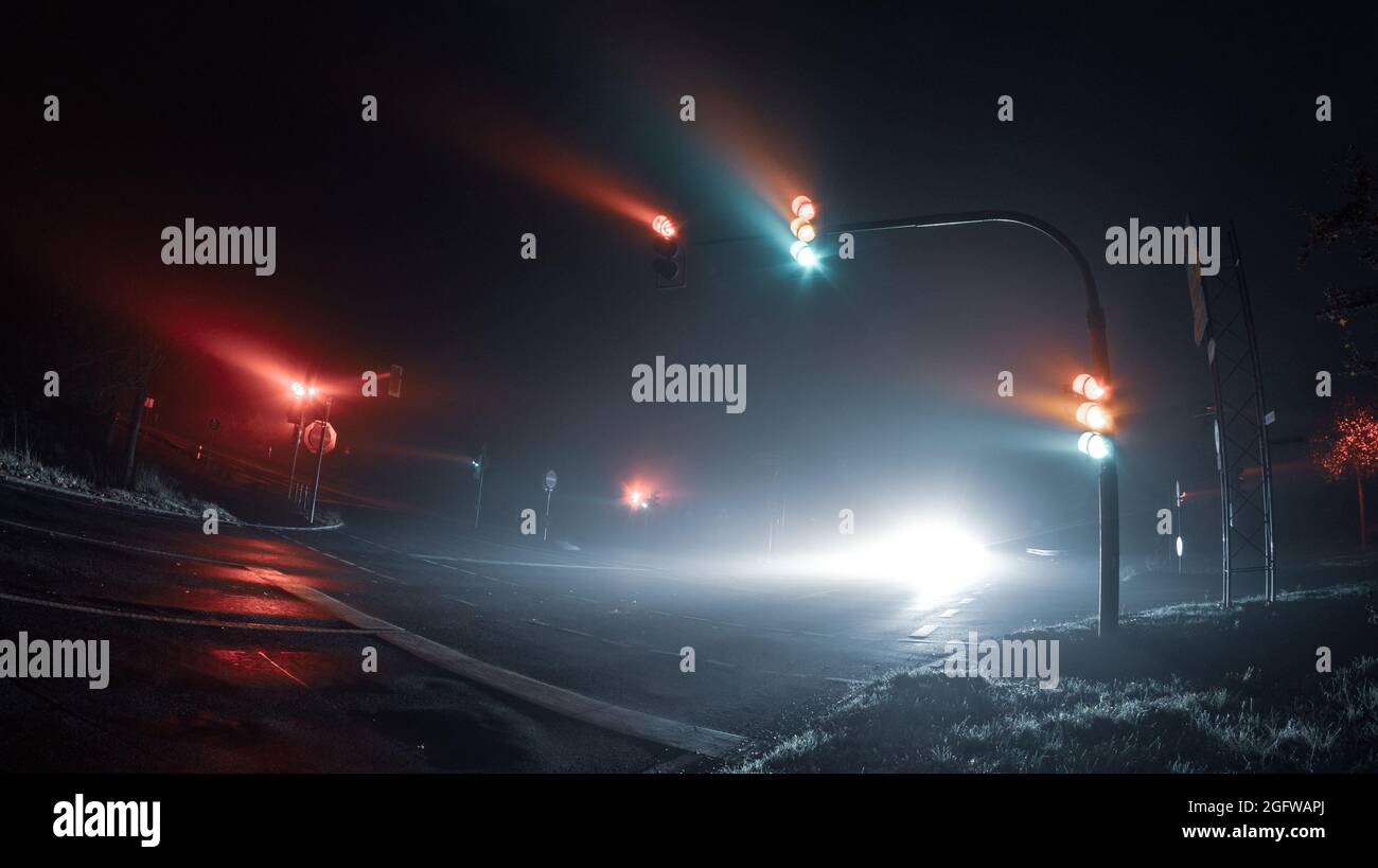 Thick fog over empty road with traffic light Stock Photo - Alamy