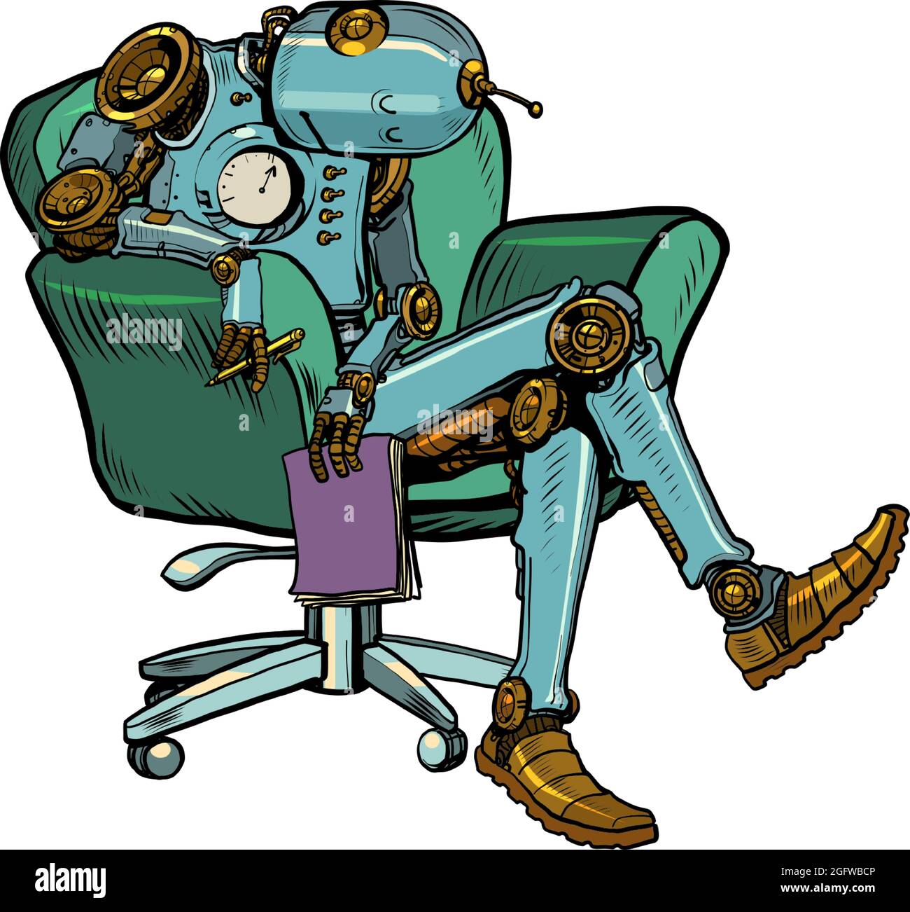 The robot psychotherapist is sleeping in a chair. Fatigue at work. Notebook in hand Stock Vector