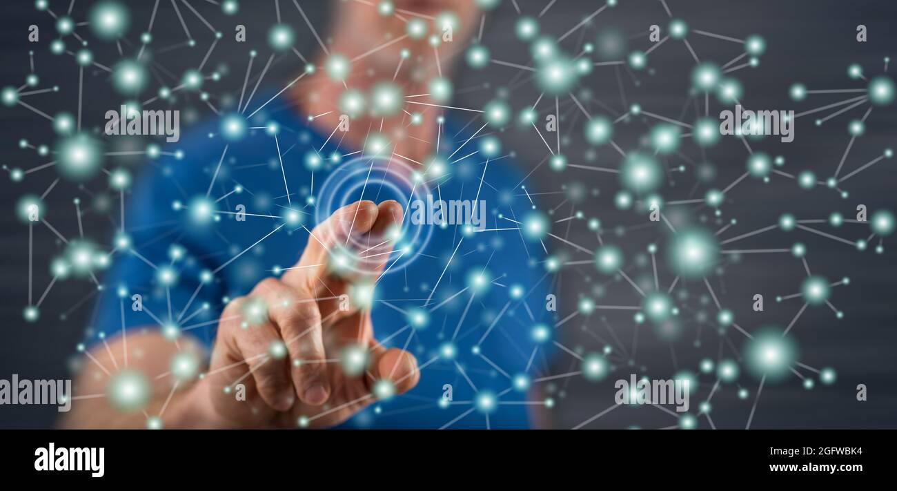 Man touching a virtual network on a touch screen with his finger Stock ...