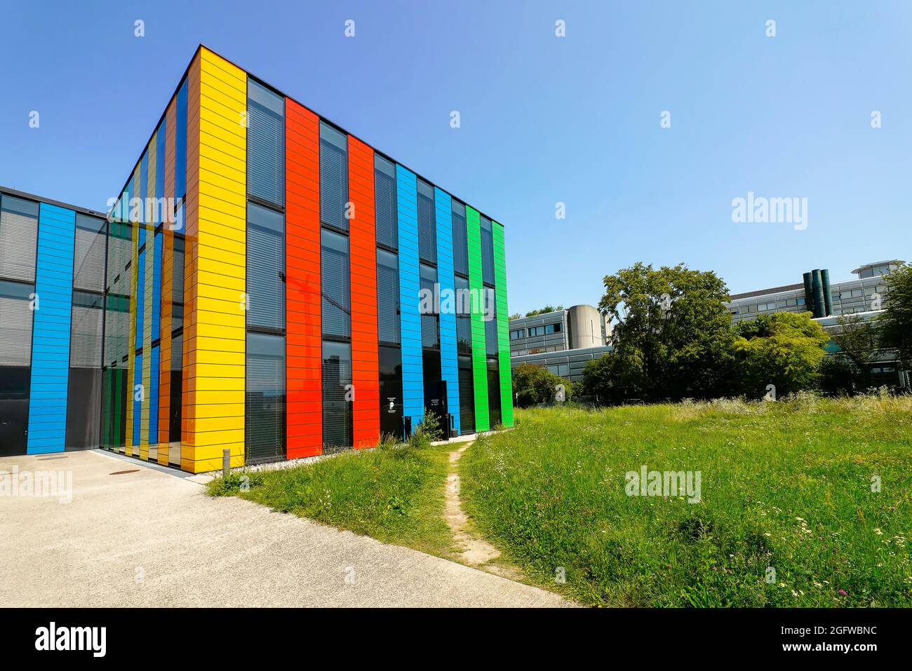 Colorful and Vibrant building for EPFL's central services. Campus of EPFL Ecole Polytechnique Fédérale de Lausanne. Vaud Canton, Switzerland. Stock Photo