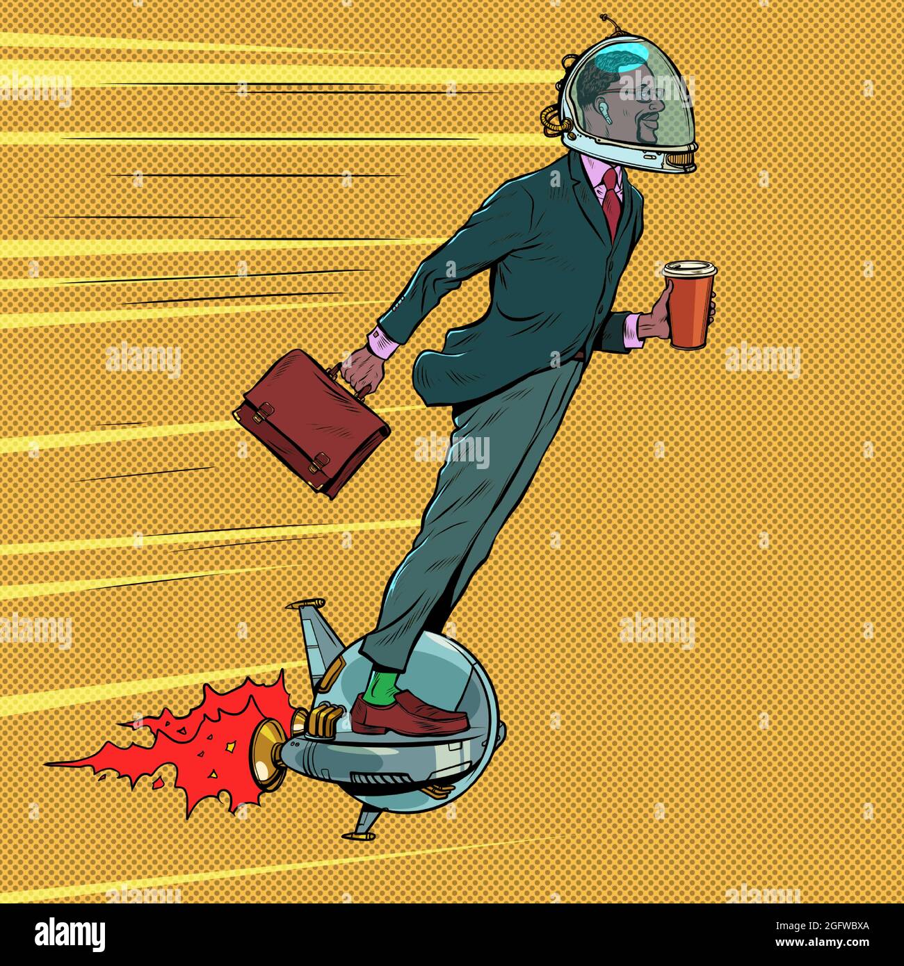 Futuristic black businessman astronaut is flying on an electric unicycle, a man is drinking morning coffee Stock Vector