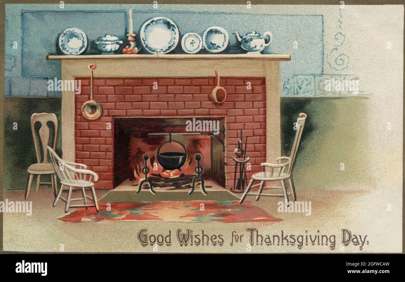 Illustration of a brick fireplace and an interior on a Thanksgiving-themed postcard Stock Photo