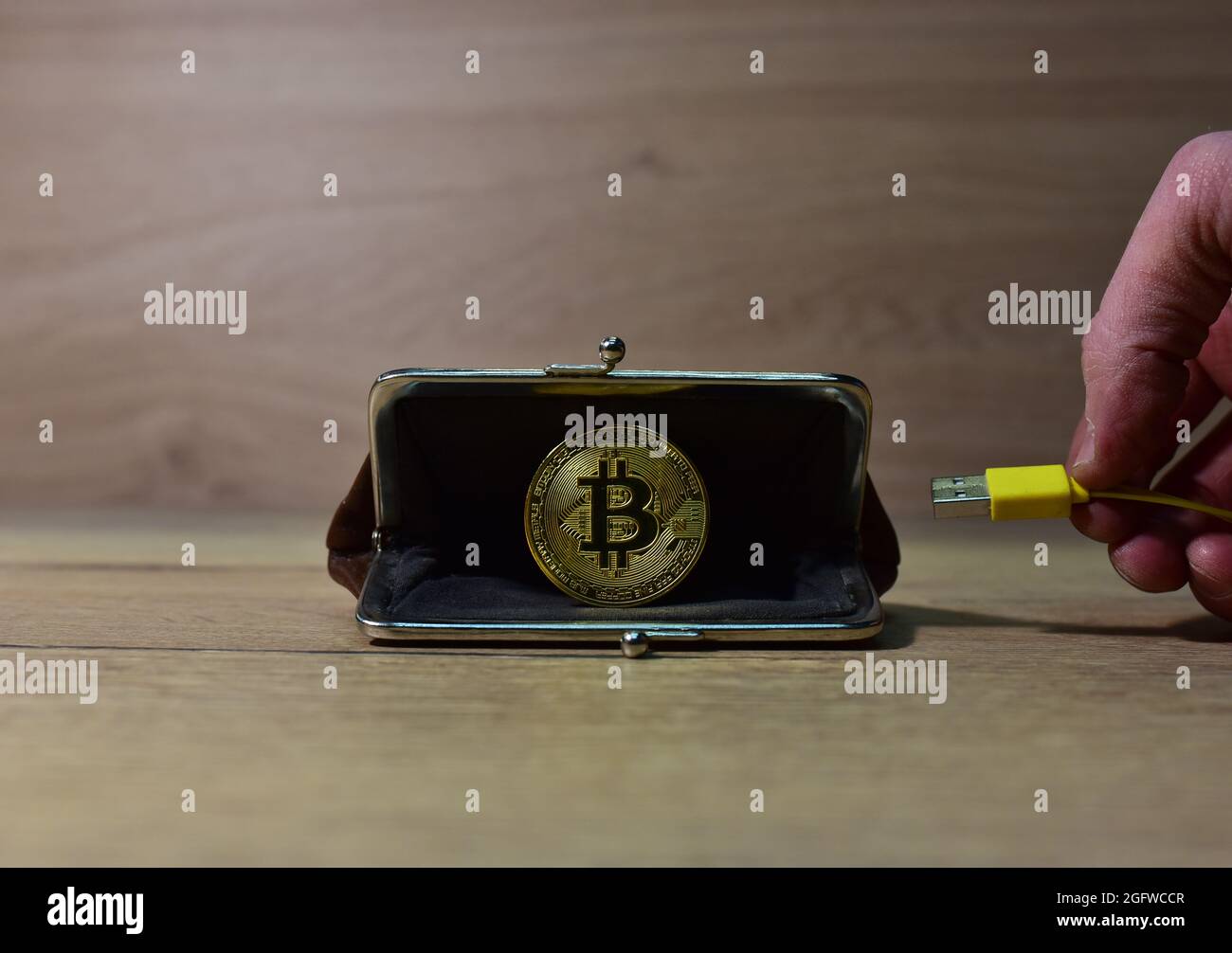 USB cable connects to crypto wallet. Crypto and bitcoin wallet concept.  ryptocurrency trading exchange. BTC mining and investing concept.  Blockchain a Stock Photo - Alamy