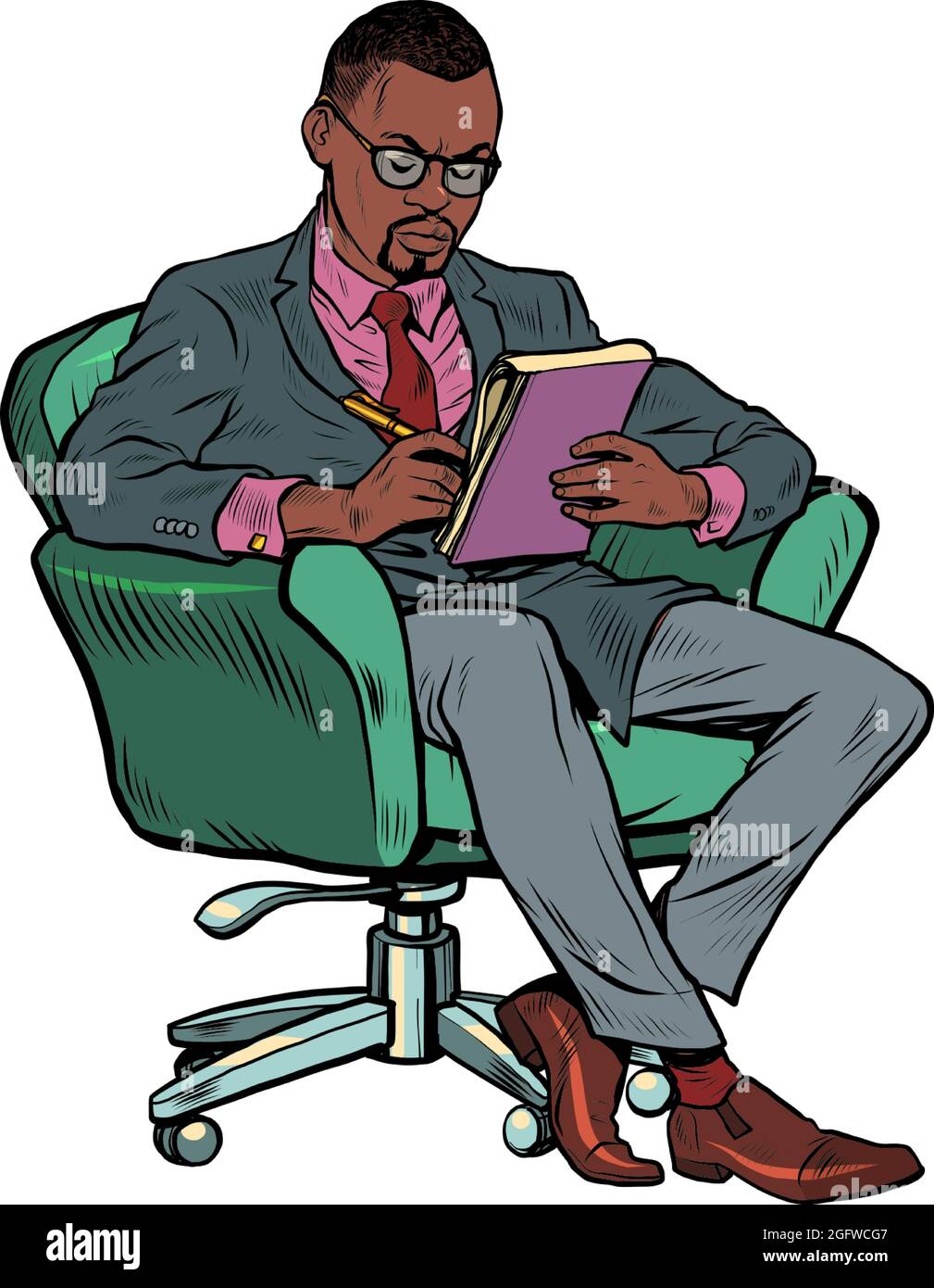 A black male psychotherapist is in a psychotherapy session, sitting in a chair and making notes in a notebook Stock Vector