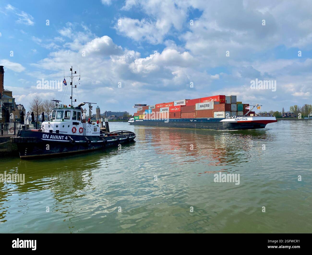 Inland barge freight shipping transport sailing pass Dordrecht in