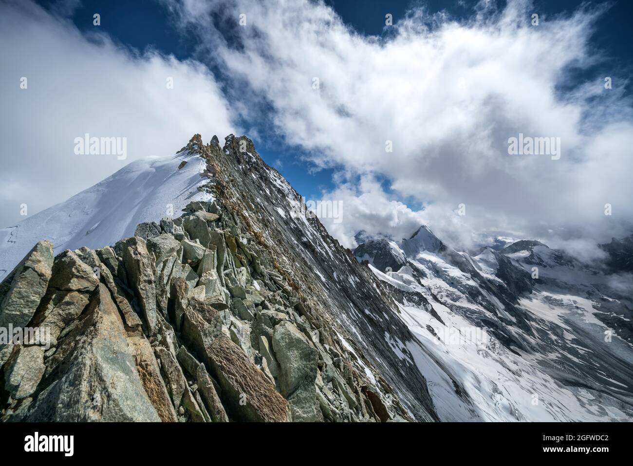 The North Ridge Route of Zinalrothorn mountain near Mountet Alpine hut, Zinal, Switzerland, Alps Stock Photo