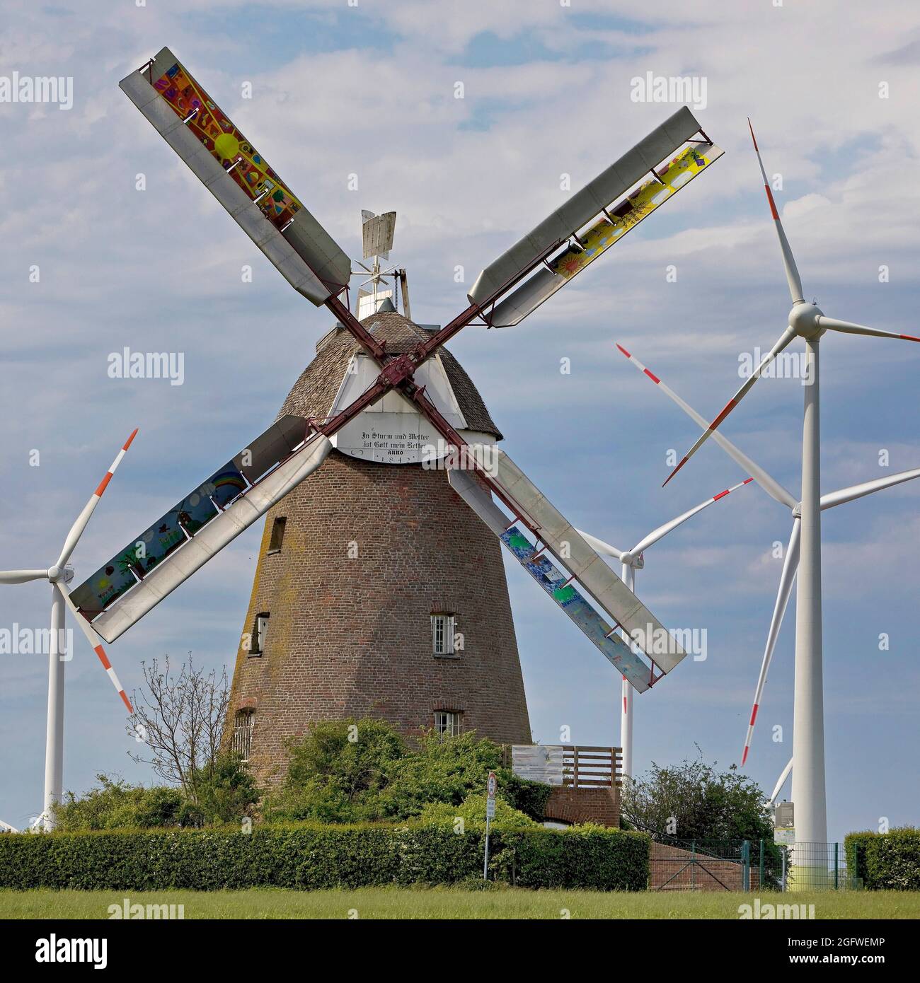 Museum windmill in Breberer, Selfkant-Muehlenstrasse with wind wheels, Germany, North Rhine-Westphalia, Lower Rhine, Gangelt Stock Photo