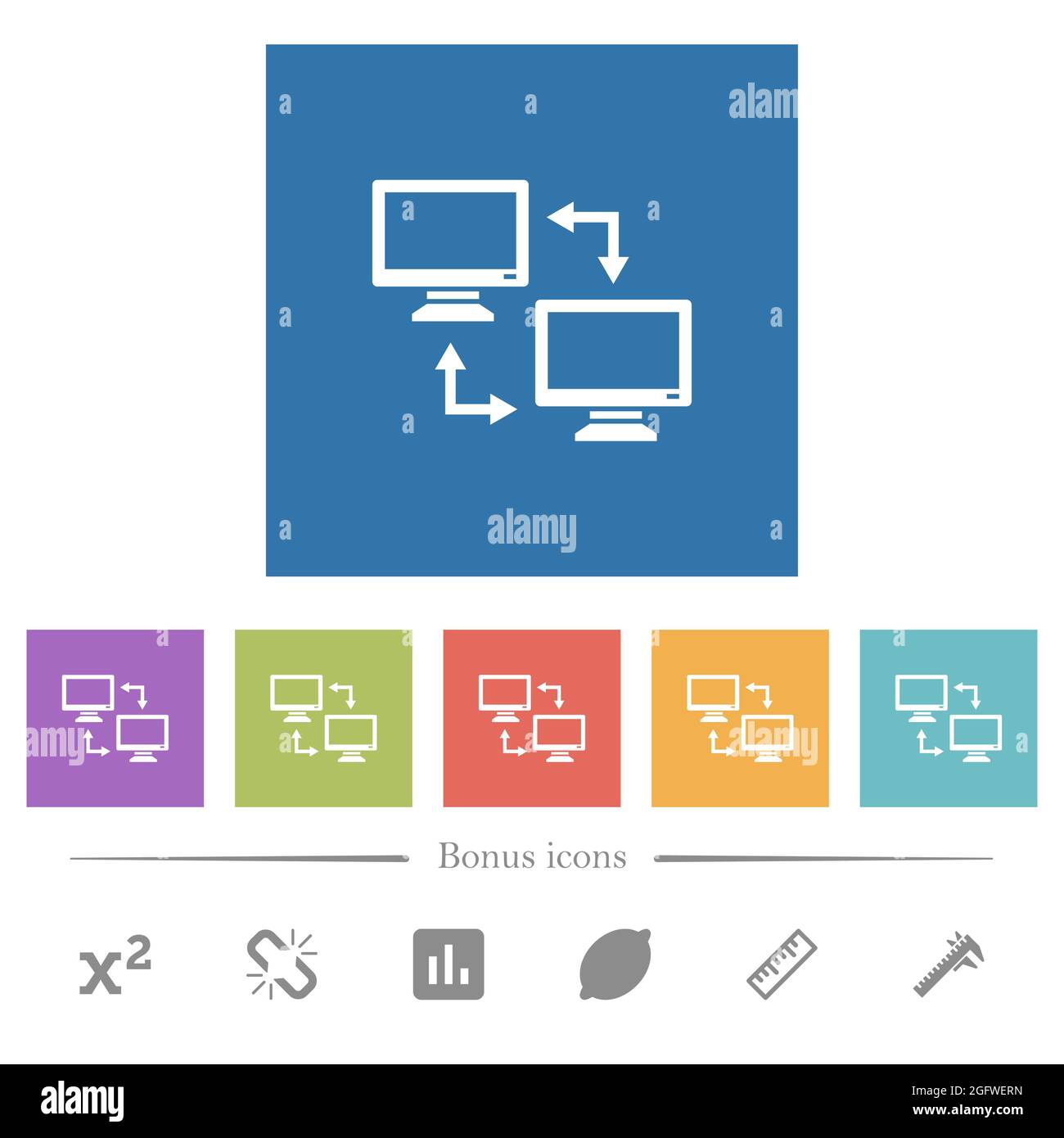 Data syncronization flat white icons in square backgrounds. 6 bonus ...